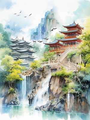 夏天咒语:Watercolor painting of ancient Chinese architecture, temple waterfall, realistic fantasy art style, anti-gravity architectural style, majestic, ultra-detailed rendering of mountain scenery, high detail, high definition, illustration, white background, extreme close-up perspective, birds flying in the sky,There are many, many buildings, including palaces, with super high details. In summer, there are lotus flowers and sunflowers ar 3:4 niji 5