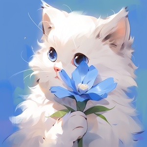 A lovely white cartoon cat, furry, with a blue flower in both hands, happy expression, blue background, high definition iw 2