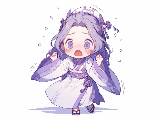 小女孩穿淡紫色古典精致汉服，展现线条和贴纸艺术的全身图