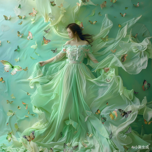 梦幻花园: 绚丽蝴蝶与流畅垂坠的服装效果图