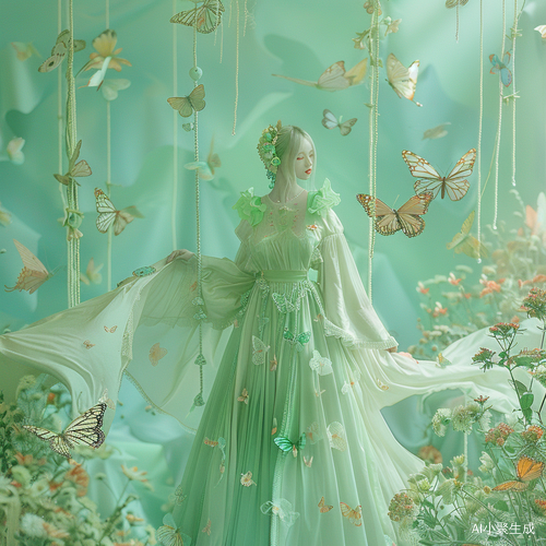 梦幻花园: 绚丽蝴蝶与流畅垂坠的服装效果图