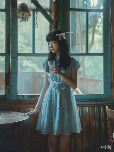 Beautiful woman in a cafe, holding a glass, looking away