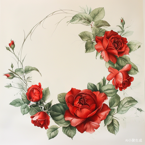 白底红色玫瑰海棠弧形手绘插画