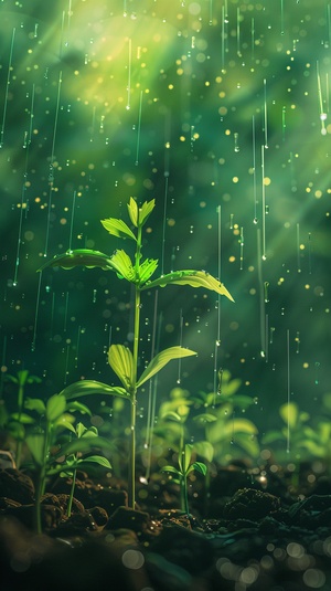 白天，雨水浸润幼苗种子，背景光芒，8k，极简风格