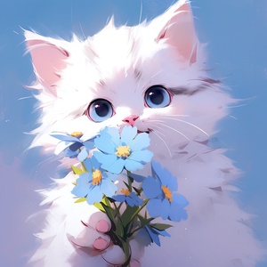 A lovely white cartoon cat, furry, with a blue flower in both hands, happy expression, blue background, high definition iw 2