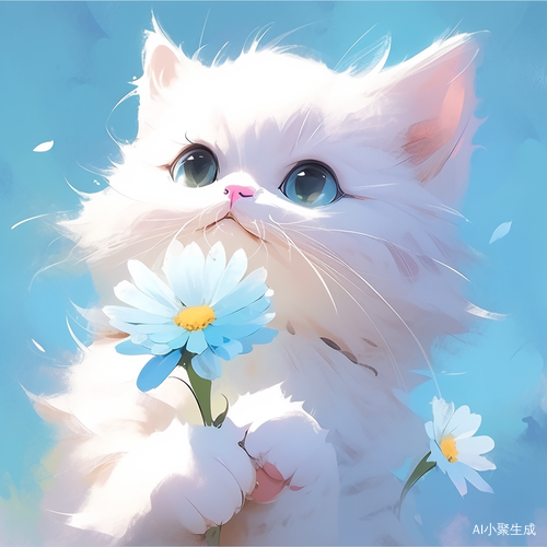 Lovely White Cartoon Cat with Blue Flower