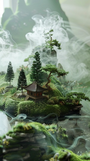 a whimsical spring scene, with a miniature landscape capturing the essence of the Jingzhe solar term, one of the twenty-four solar terms in the Chinese calendar. The artwork showcases a microcosm of a grassland and mountains, lush green meadows embellished with pine trees, surrounded by gently drifting smoke. In the distance, traditional Chinese architecture can be seen, adding a touch of elegance. The perspective is from a bird's-eye view, reminiscent of a sand table model, bringing out the charm of th