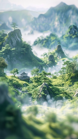 a whimsical spring scene, with a miniature landscape capturing the essence of the Jingzhe solar term, one of the twenty-four solar terms in the Chinese calendar. The artwork showcases a microcosm of a grassland and mountains, lush green meadows embellished with pine trees, surrounded by gently drifting smoke. In the distance, traditional Chinese architecture can be seen, adding a touch of elegance. The perspective is from a bird's-eye view, reminiscent of a sand table model, bringing out the charm of th