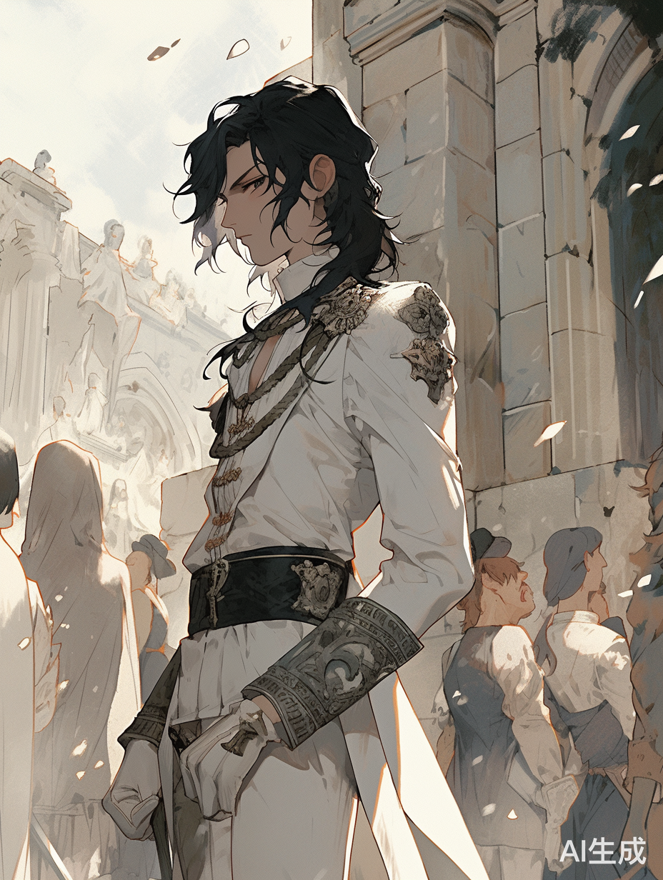 高挑男青年托腮神秘笑，背景英式古堡