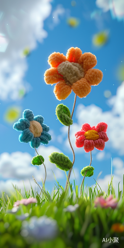 Exaggerated 3D Cartoon Game Scene with Three Colorful Wool Flowers