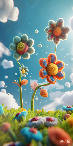 Exaggerated 3D Cartoon Game Scene with Three Colorful Wool Flowers