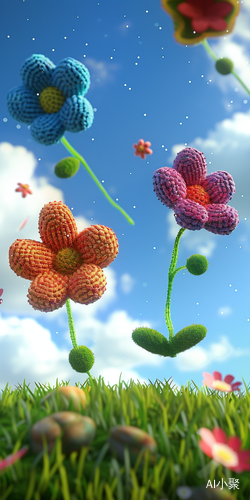 Exaggerated 3D Cartoon Game Scene with Three Colorful Wool Flowers