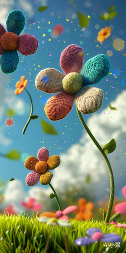 Exaggerated 3D Cartoon Game Scene with Three Colorful Wool Flowers