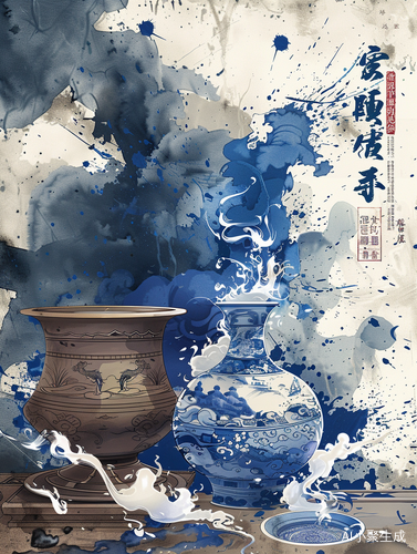 国宝青铜鼎插画，水墨Ai绘画重现国风