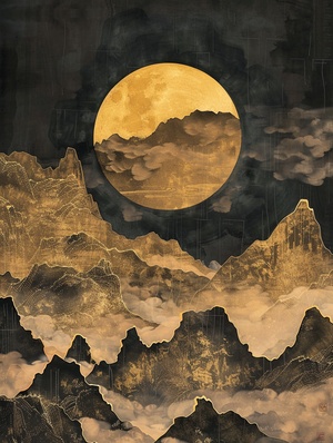 国风艺术｜金丝描边的水墨山川咒语：Moon on an old world landscape painting, Heian style, gold and black,black background， black sky, golden mountains, ultra-fine detail, detailed curtains, 19th century, high resolution, silk painting, Song Huizong, Zhao Ji, murals, texture, brushstrokes, detailed detail, golden brushstrokes, minimalism, precise nautical detail, contour line#AI插画 #我和AI有画说 #国风插画 #国潮插画 #山水画 #视觉艺术 #视觉 #艺术 #国风 #当代艺术 #搞的就是艺术 #国画 #写意国画 #装饰画 #AIGC