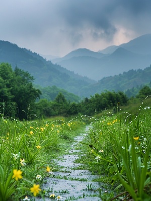 细雨绵绵春意寒，轻烟袅袅绕山间，山谷中隐约传来鸟语花香。蓝灰色的天空中弥漫着湿润的气息，微风轻拂着细雨滴在花瓣上。湿润的草地上，翠绿的小草仍然挺立着，它们身上沾满了雨露的痕迹。水滴顺着叶片滚落，在细雨中形成美丽的水珠。山间的青石路上映着微弱的光芒，被细雨洗涤得更加干净。在这样的春天，小鸟们在树梢上低语，花朵们含苞待放，山间弥漫着一片神秘而宁静的氛围。