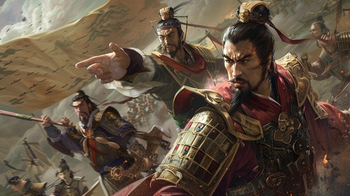 Liu Bei in commanding armor, pointing forward, with generals around him. Zhuge Liang is seen in the background with military strategy maps.