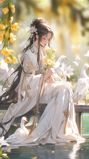 Twelve flower gods, fairies, December daffodils gods: Mrs. Zhen. Daffodils, white and noble, on the surface of the lake，全身，32k