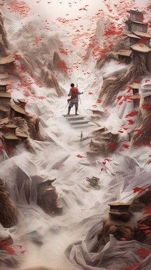 ila: The paper covered with Chinese calligraphy piled up like a mountain road covered with full screen, and in the center stood a man in red Hanfu, three-dimensional, overhead shooting, panoramic, fantasy ar9:16 s 250 v 6.0