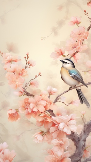 A sweet couple of orioles,blooming plum blossoms and floating auspicious clouds,traditional gossamer texture of silk,bright colors over a light beige warm tone,crafted in 8k resolution,suitable for astunning wallpaper