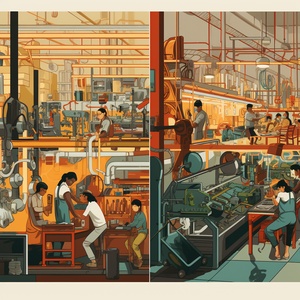 Image Description: The image showcases two contrasting scenes side by side. On the left side, there is a bustling manufacturing factory with workers operating machinery, moving goods, and overseeing production processes. The factory is filled with large equipment, raw materials, and workers in uniforms. This scene represents the traditional approach of working directly with manufacturing factories.On the right side, there is a cozy home office setup with a small team of 2-3 people working together. They are