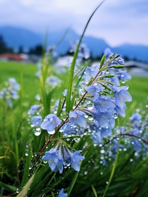 细雨绵绵春意寒，轻烟袅袅绕山间，山谷中隐约传来鸟语花香。蓝灰色的天空中弥漫着湿润的气息，微风轻拂着细雨滴在花瓣上。湿润的草地上，翠绿的小草仍然挺立着，它们身上沾满了雨露的痕迹。水滴顺着叶片滚落，在细雨中形成美丽的水珠。山间的青石路上映着微弱的光芒，被细雨洗涤得更加干净。在这样的春天，小鸟们在树梢上低语，花朵们含苞待放，山间弥漫着一片神秘而宁静的氛围。