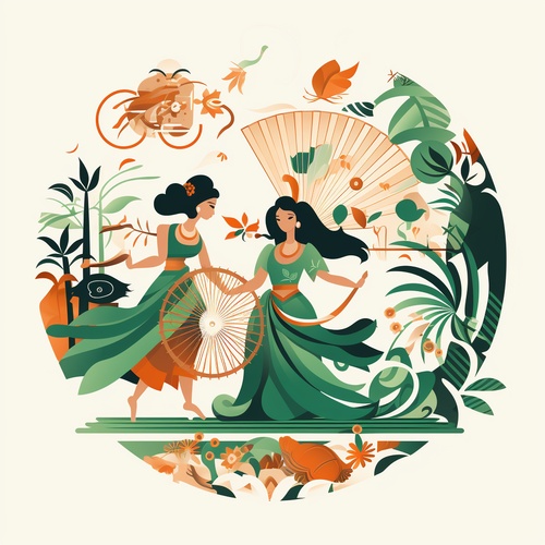 扇舞丹青·图案创意种草｜思辨｜乐趣✨咒语：Flat style illustrations, Chinese shadow puppetry characters with full body, full profile, dance movements, holding traditional Chinese fans, Chinese traditional opera actors composed of geometric shapes with clear contours, geometric characters composed of traditional opera actors, white background, warm colors, clothes with traditional Chinese lotus patterns, Keith Haring style graffiti, garbage beauty style, white background, 8k,ar 4:5,stylize med,niji 6中国的扇舞丹青源自古代的舞蹈和文学艺术，并在历史长河中逐渐发