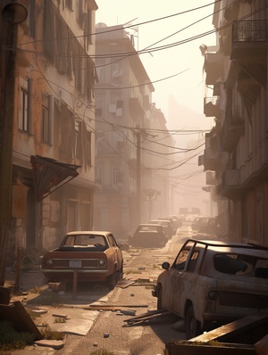 arafed view of a street with a lot of buildings and a bench, grimy streets backdrop, post - apocalyptic city streets, karl spitzweg. unreal engine, dusty street, post apocalyptic street, post apocalyptic district, golden steampunk city atmosphere, ancient city streets behind her, dingy city street, city street cinematic lighting, villages ， unreal engine, street background