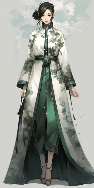 柔和照明,女性,瘦,全身镜头,前视图，新中式，中国风，花朵元素，green and white tones，floral motifs，light flowly midi floral dress，lace，gauze texture，design sheet，rich detail，Clothing style drawing，jasmine， coat suit，pink