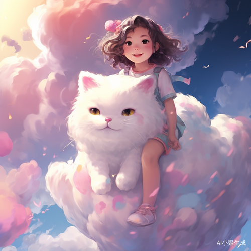 彩铅绘画中的梦幻巨猫和小女孩