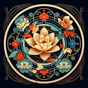 A graphic style illustration symbolizing flatness, with four lotus flowers arranged in a diagonal pattern. The center features Dunhuang pipa, accompanied by totem patterns and happy encounters. Rotational symmetry, surrounded by tangled branches and flowers, with clear geometric flower color boundaries, suitable for overall patterns, high-end Dunhuang color scheme - ar 1:1-6.0 version