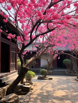 In the courtyard of the Jiangnan ancient town, there is an elegant and tall plum tree full of bright pink flowers in front. The branches hang down to form blooming petals on both sides. The wall behind them has black wood carved windows with geometric patterns. In spring, the fresh air fills your breath. The entire scene exudes a warm atmosphere and a beautiful landscape painting in the style of high definition photography. Real photos.