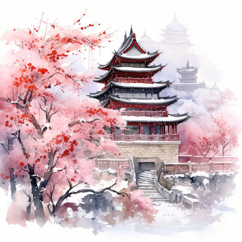 冬景中的中国古代建筑水墨画
