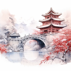 建筑冬天红柱渐白沙，枯藤聚冰花。咒语:Ancient Chinese architectural watercolor painting, there are many, many, many buildings, palaces, winter, white, snow-capped, plum blossoms blooming, there is falling snow, the north wind howls, there are frozen ice cones on the eaves, realistic fantasy art style, anti-gravity architecture Style, majestic, competition-winning work, ultra-high details, high details, high definition, illustration, white background, extreme highlight perspective ar 3:4 niji 5