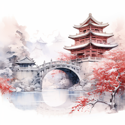 冬景中的中国古代建筑水墨画