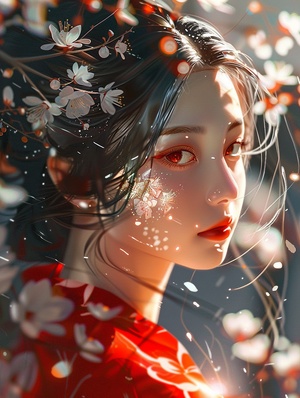 A Chinese girl wearing a red hanfu, with white flowers on her face and glowing eyes. A closeup of her upper body with sunlight shining through her hair and on her shoulders. An illustration in the style of Chinese art with a red theme, light gold and dark black colors and an anime aesthetic with a fairy tale feel. niji 6 ar 9:16