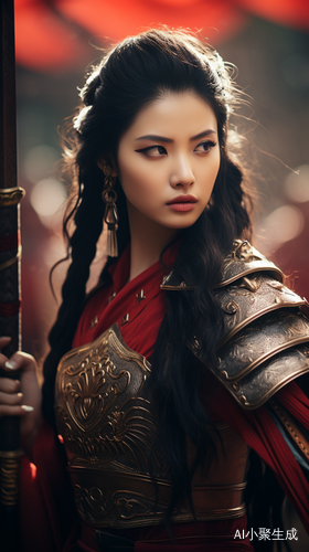 中国古风红盔甲女兵全队合影