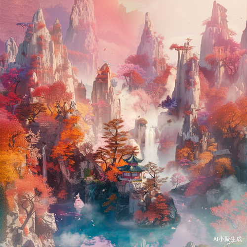 多巴胺配色的山水画