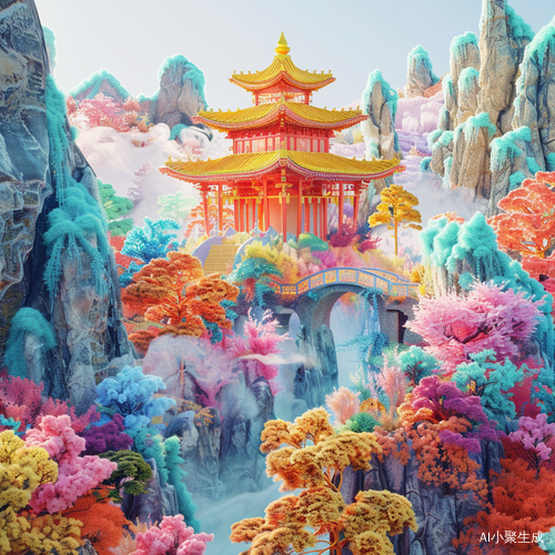 多巴胺配色的山水画