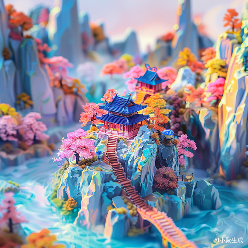 多巴胺配色的山水画