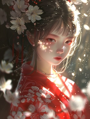 A Chinese girl wearing a red hanfu, with white flowers on her face and glowing eyes. A closeup of her upper body with sunlight shining through her hair and on her shoulders. An illustration in the style of Chinese art with a red theme, light gold and dark black colors and an anime aesthetic with a fairy tale feel. niji 6 ar 9:16