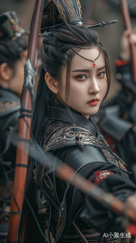 中国古风黑甲女兵，剑弓合影展美丽华服