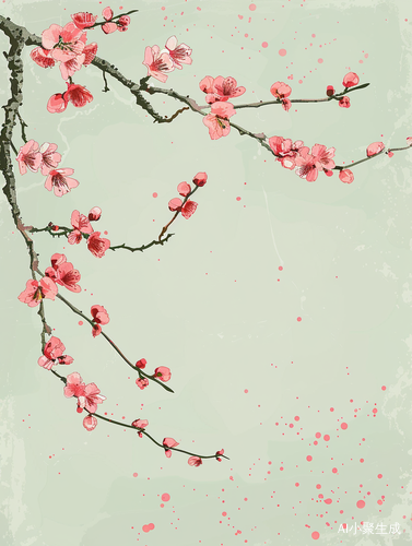 干净简洁的浅绿色背景与粉色梅花