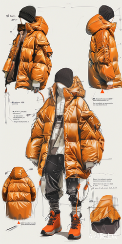 Fashion Product Design Sheet: Three Views of Giant Puffy Jacket