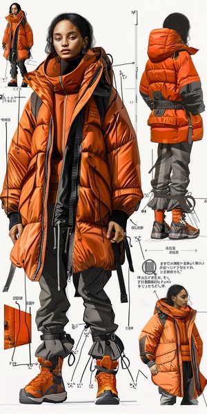 fashion product design sheet, three views of puffy jacket, in the style of Orange, monumental forms, minimalist conceptualism, subversive appropriation, arte povera, zuckerpunk, Dingyu Zhang, yeong-hao han, ben wooten, camille-pierre pambu bodo, dullcore, unpolished, labeled diagram, colorzied pencil sketch，deconstructivism