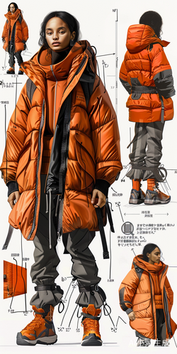 Fashion Product Design Sheet with Three Views of Puffy Jacket in Orange Style