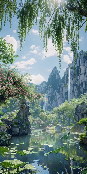 A ultra-realistic CG rendering of Ancient China, Spring, morning, blue sky, pale green clouds, lakes, water falls, big weeping willow sprouting,,sunshine, fairy tale, lighting effects, fantasy, Thomas Kincaid, Unreal Engine, hyperrealistic style, 4K, ultra wide Angle, art station, HD ar 9:16