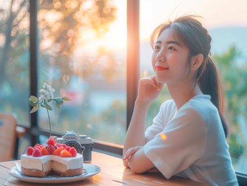 A young Asian woman, in modern attire, is sitting at a table with a delicious cake in front of her. She is looking at a beautiful sunset through a window. On the table, there is a camera with a photo she just took. In the background, a soft melody is playing, adding to the serene atmosphere. The overall tone of the image is warm and inviting, capturing a moment of shared happiness.