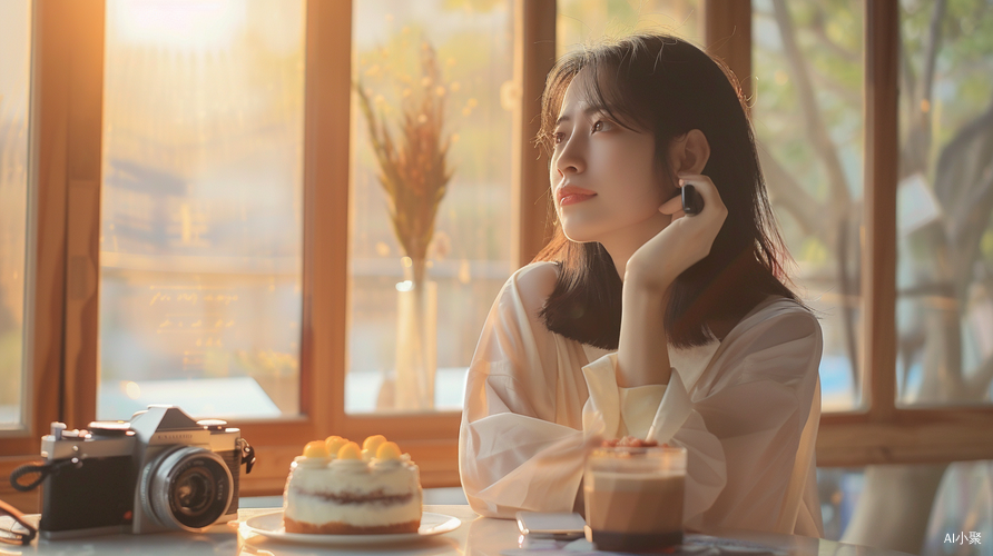 Asian Woman Capturing Serene Moment with Cake and Sunset