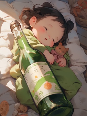 A cute baby girl sleeping with an empty green bottle of soju on her belly, Korean style art in the style of Lü Ji and [Atey Ghailan]( Atey Ghailan)